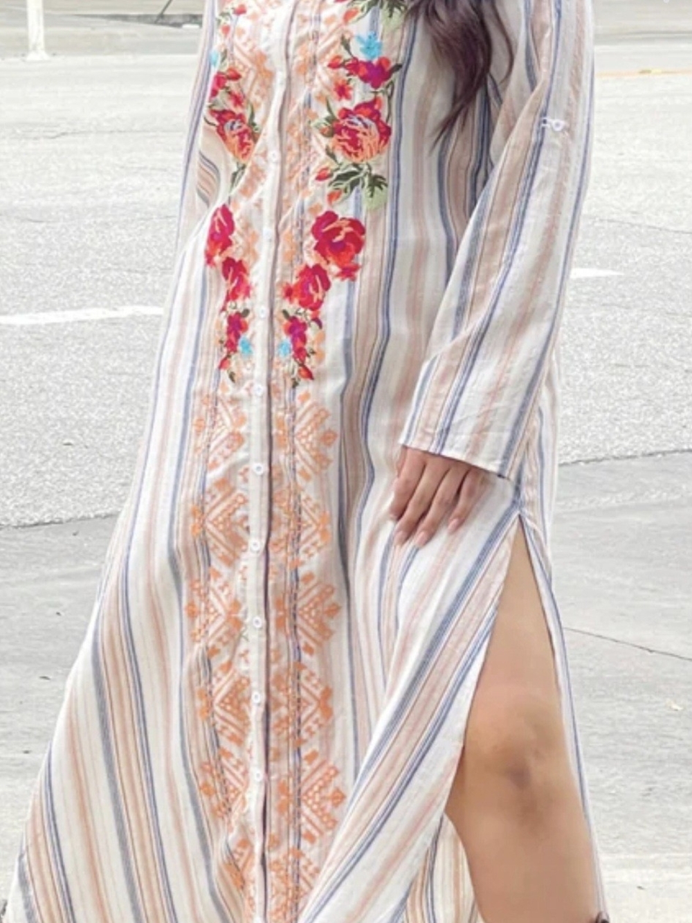 Señorita Western Tunic Embroidered Button-Front Maxi Dress with Floral Detail